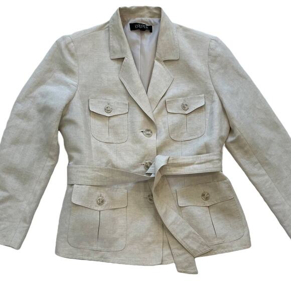 Kasper Linen Blend Tan/Neutral Belted/Tie Blazer / Jacket / Utility Pockets, 12 - Picture 9 of 16